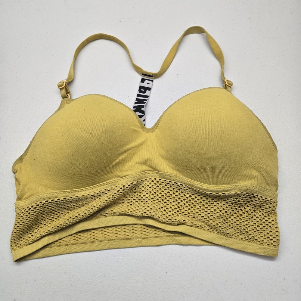PINK Women Bra‎ Large Yellow T Shirt Wireless Mesh Knit Strap Adjustable